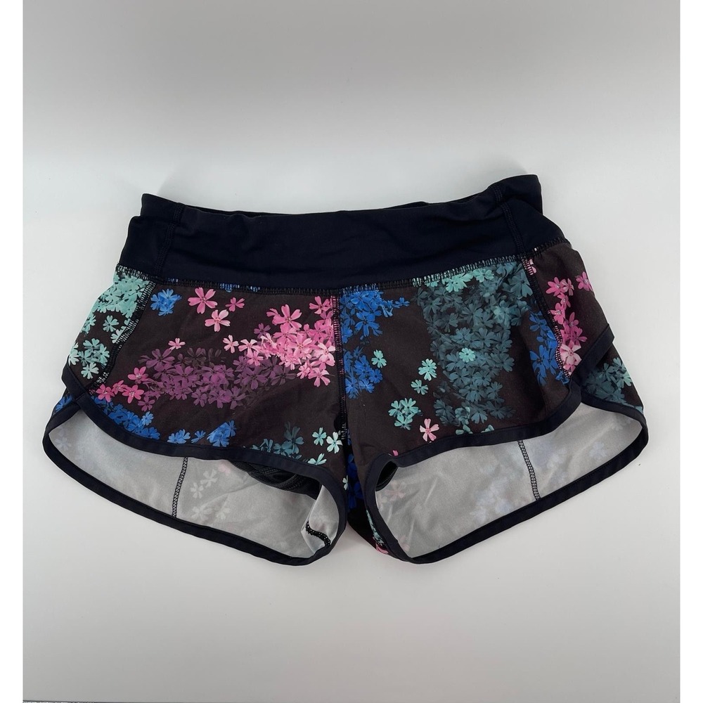 Lululemon Run Speed Shorts Women Size 2 Black Floral 4-way Stretch  2.5" Inseam